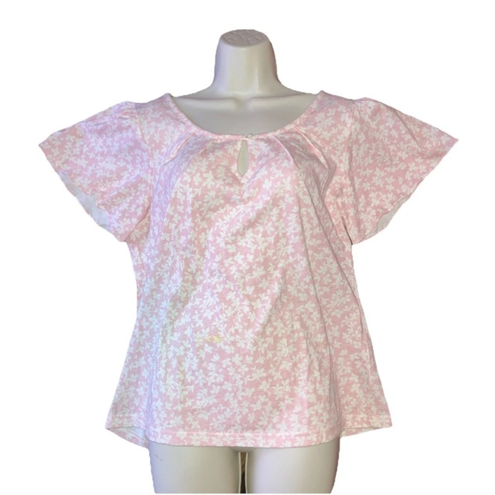 Chaps Women Top Large Pink White Floral Cotton Popover Flutter Short Sleeve